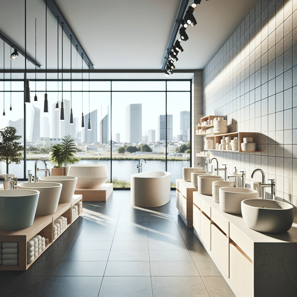 A modern bathroom showroom in Bonn with various sanitary products on display including sinks and bathtubs
