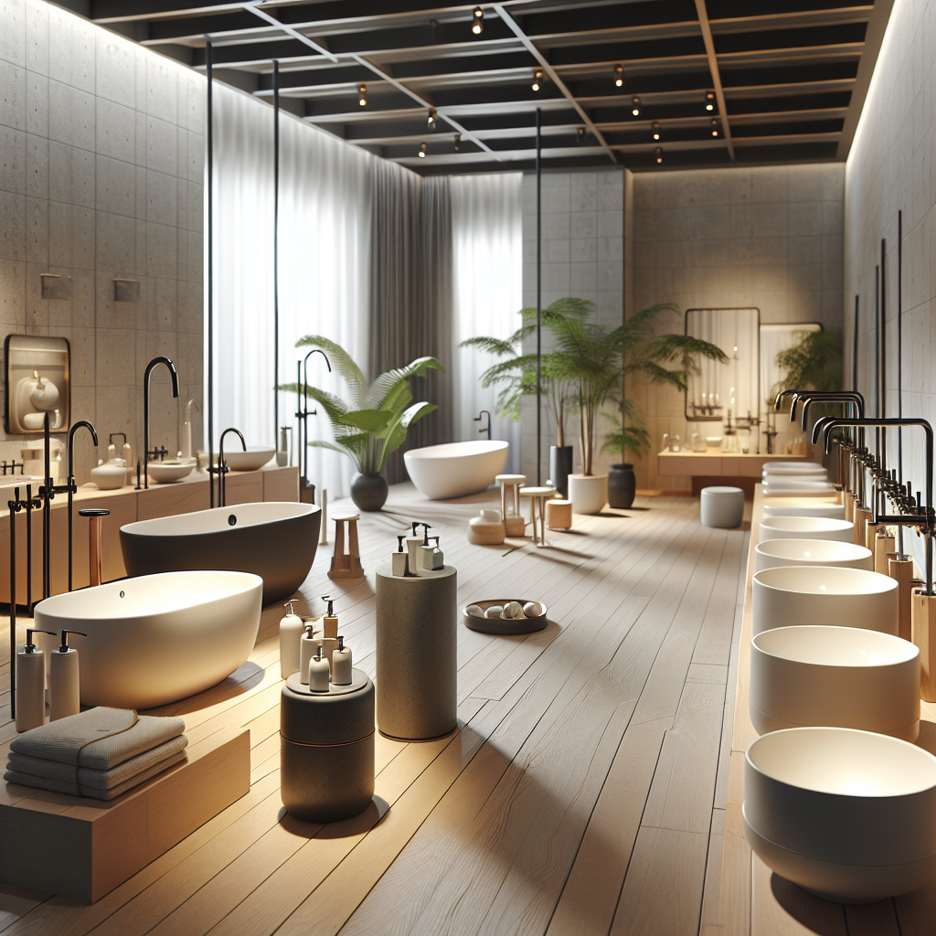 A modern bathroom showroom with various sanitary products on display, showcasing sinks, bathtubs, and faucets in a stylish setting.