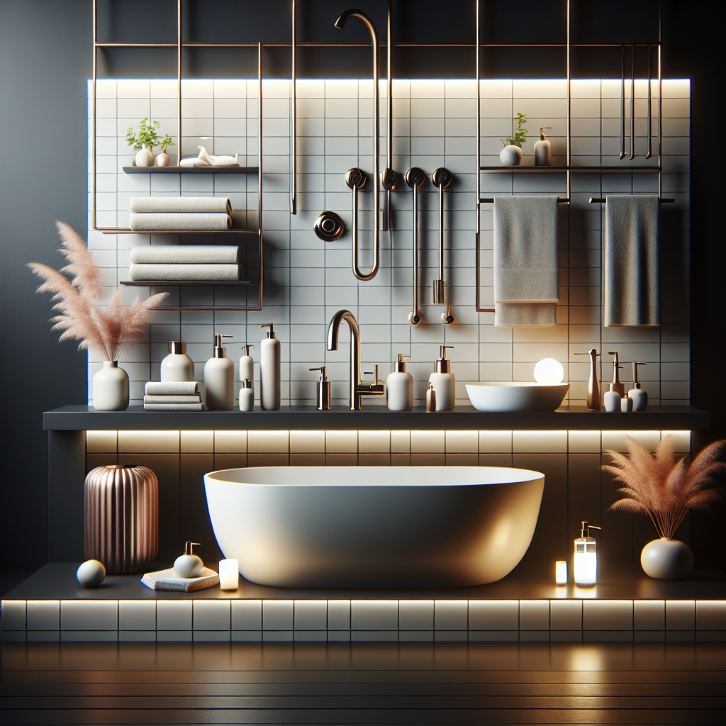 A modern bathroom display showcasing various sanitary products including faucets and bathtubs