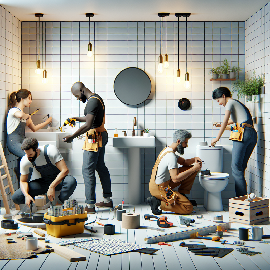 A modern bathroom renovation process with professionals working together, showcasing tools and materials