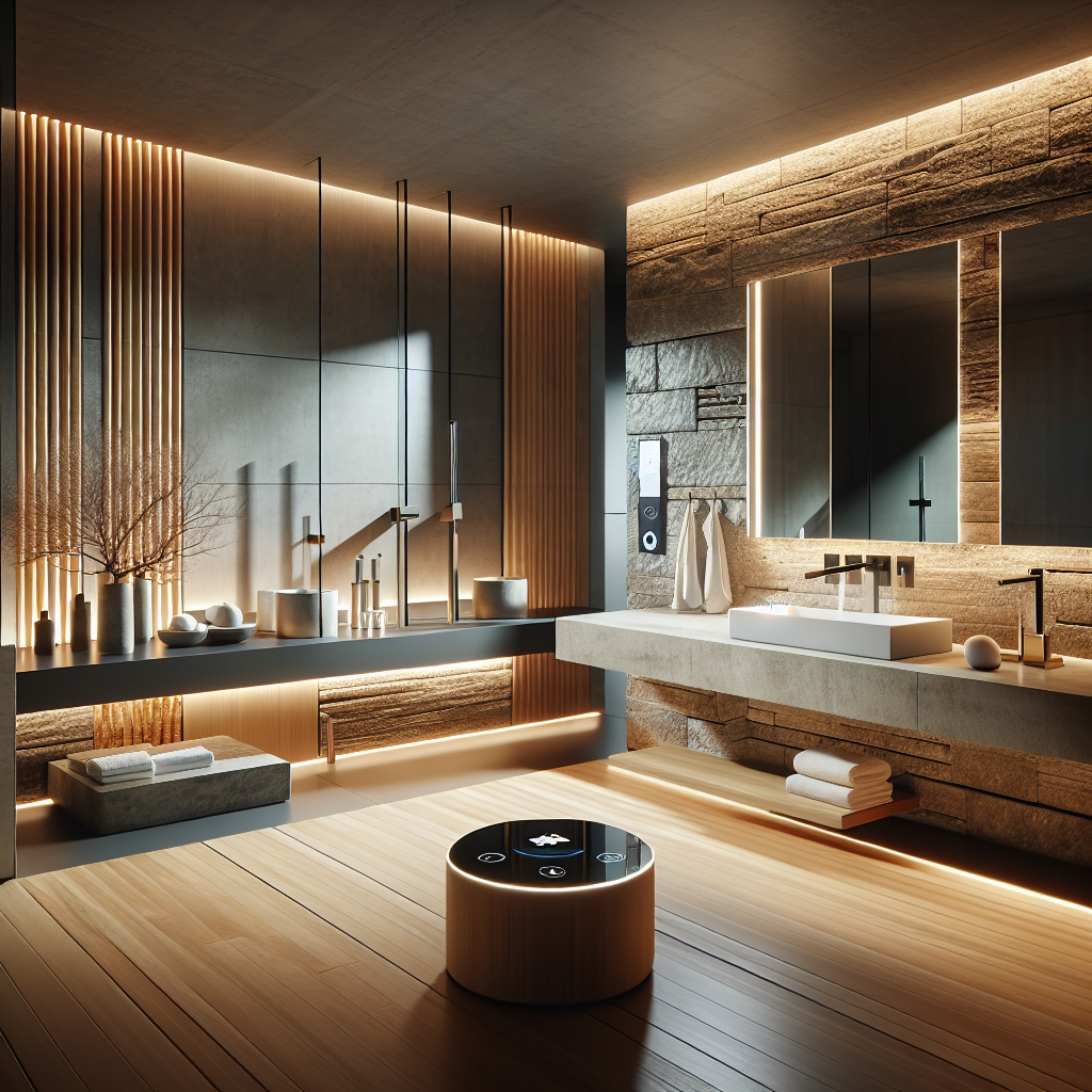 Modern bathroom with minimalist design featuring natural materials and smart technology