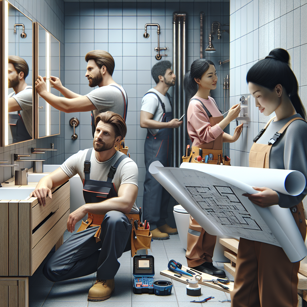 A modern bathroom renovation process with workers and tools