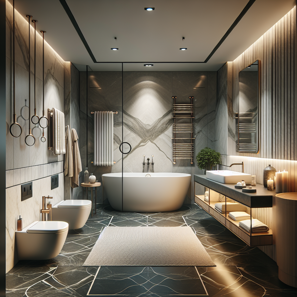 A beautifully designed modern bathroom with advanced heating systems and stylish sanitary fixtures
