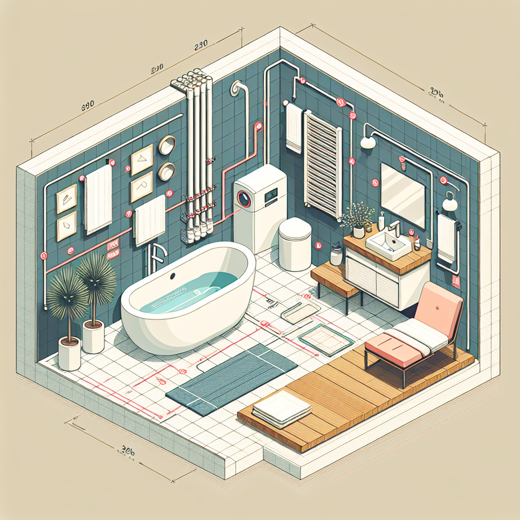 A modern bathroom design plan with heating system layout
