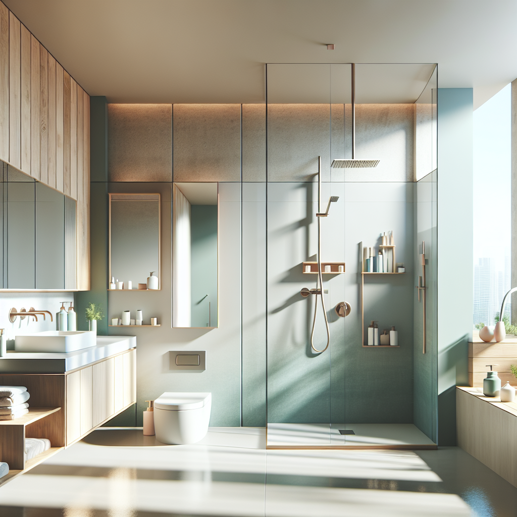 A modern bathroom showcasing eco-friendly materials and stylish designs with a shower instead of a bathtub