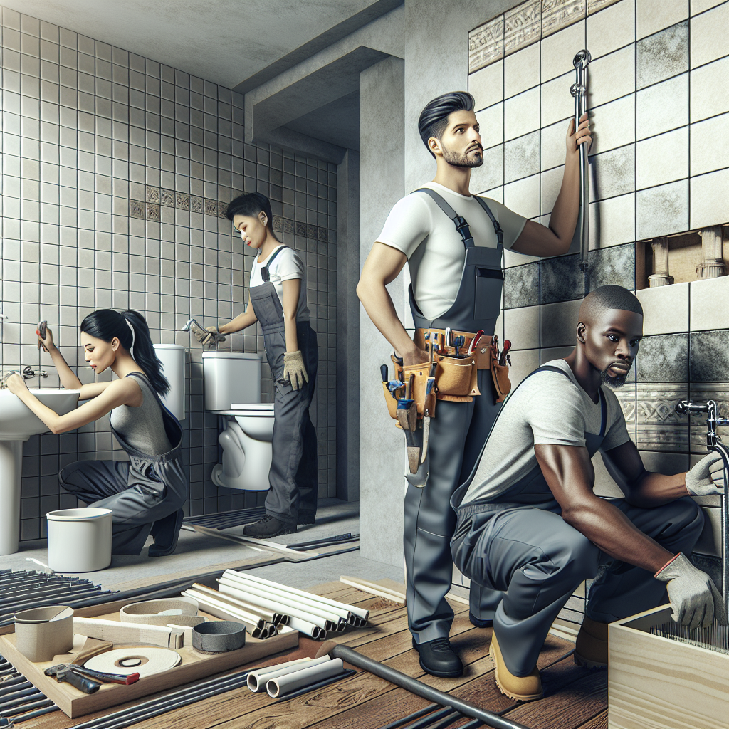 A modern bathroom renovation in progress with a team of skilled workers coordinating various tasks like plumbing and tiling