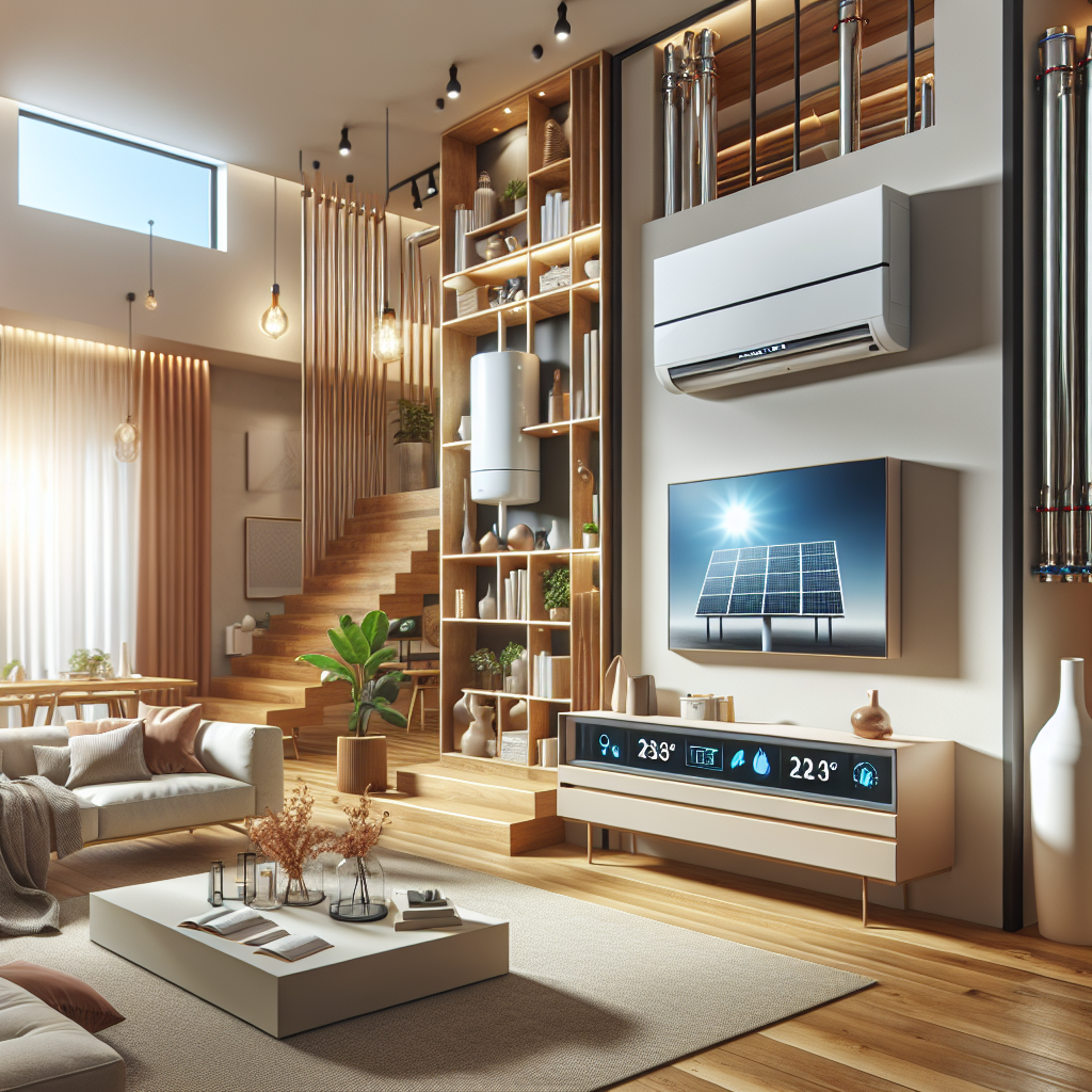 A modern heating system installation in a stylish home interior showcasing various heating technologies like heat pumps and solar panels