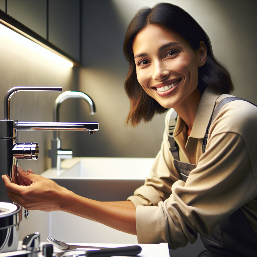 A friendly plumber working on a sink installation in a modern bathroom