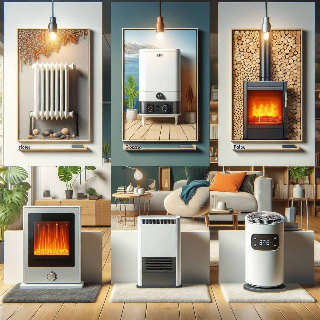A modern heating system showcasing various technologies like gas heating, electric heating, pellet heating, and heat pumps in a home setting