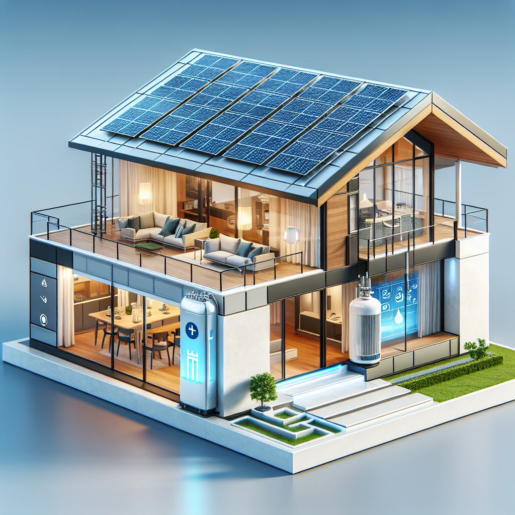 A modern home with solar panels on the roof and a hydrogen heating system visible