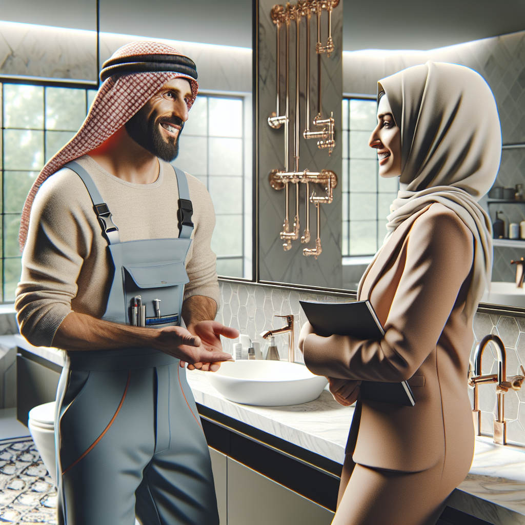 A friendly plumber discussing plans with a homeowner in a modern bathroom setting