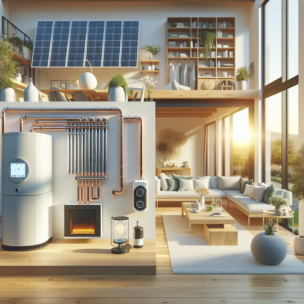 A modern heating system installation showcasing a combination of solar panels and a heat pump in a residential setting