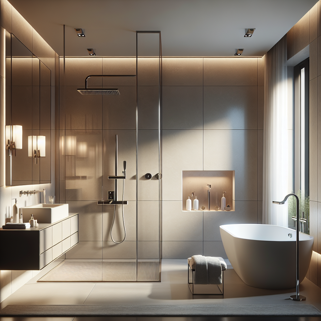 A luxurious spa-like bathroom with modern design elements and elegant fixtures