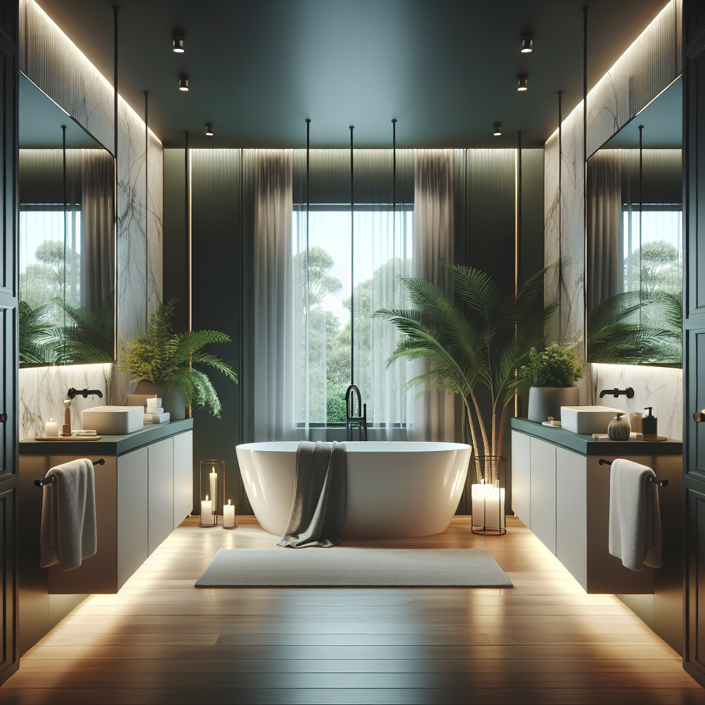 A luxurious modern bathroom with elegant design elements such as a freestanding bathtub, stylish lighting fixtures, and lush greenery