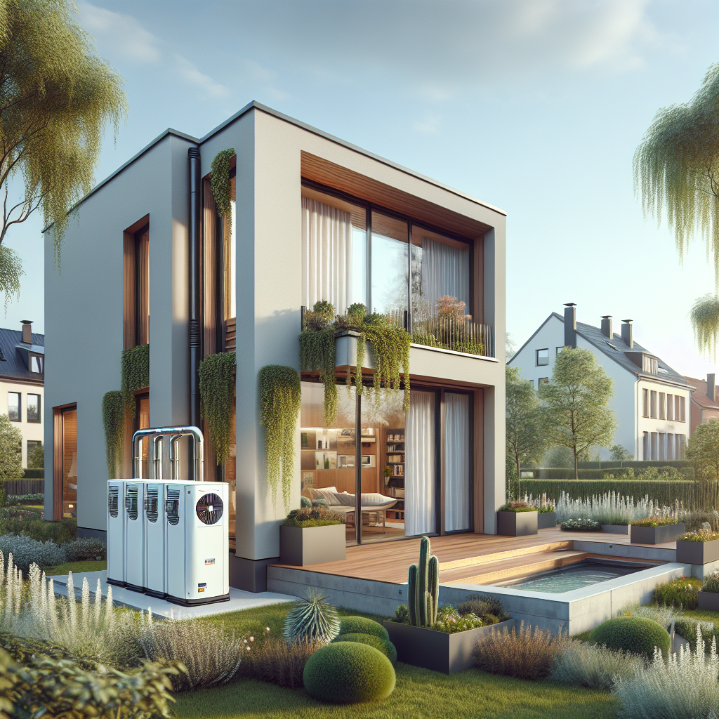 A modern home with a heat pump system installed outside in a garden setting in Bonn