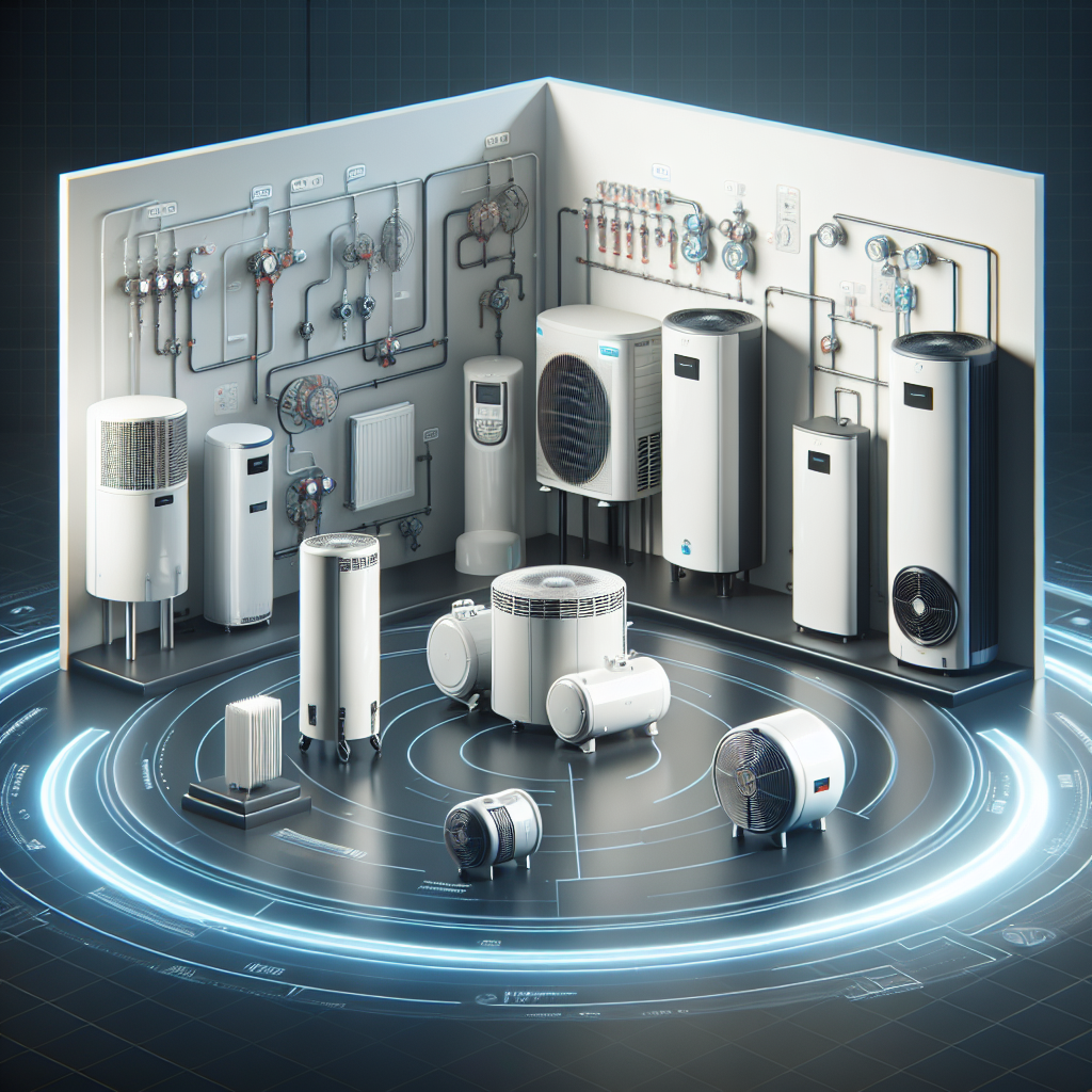 A modern heating system showroom featuring various types of heat pumps including air and ground source models