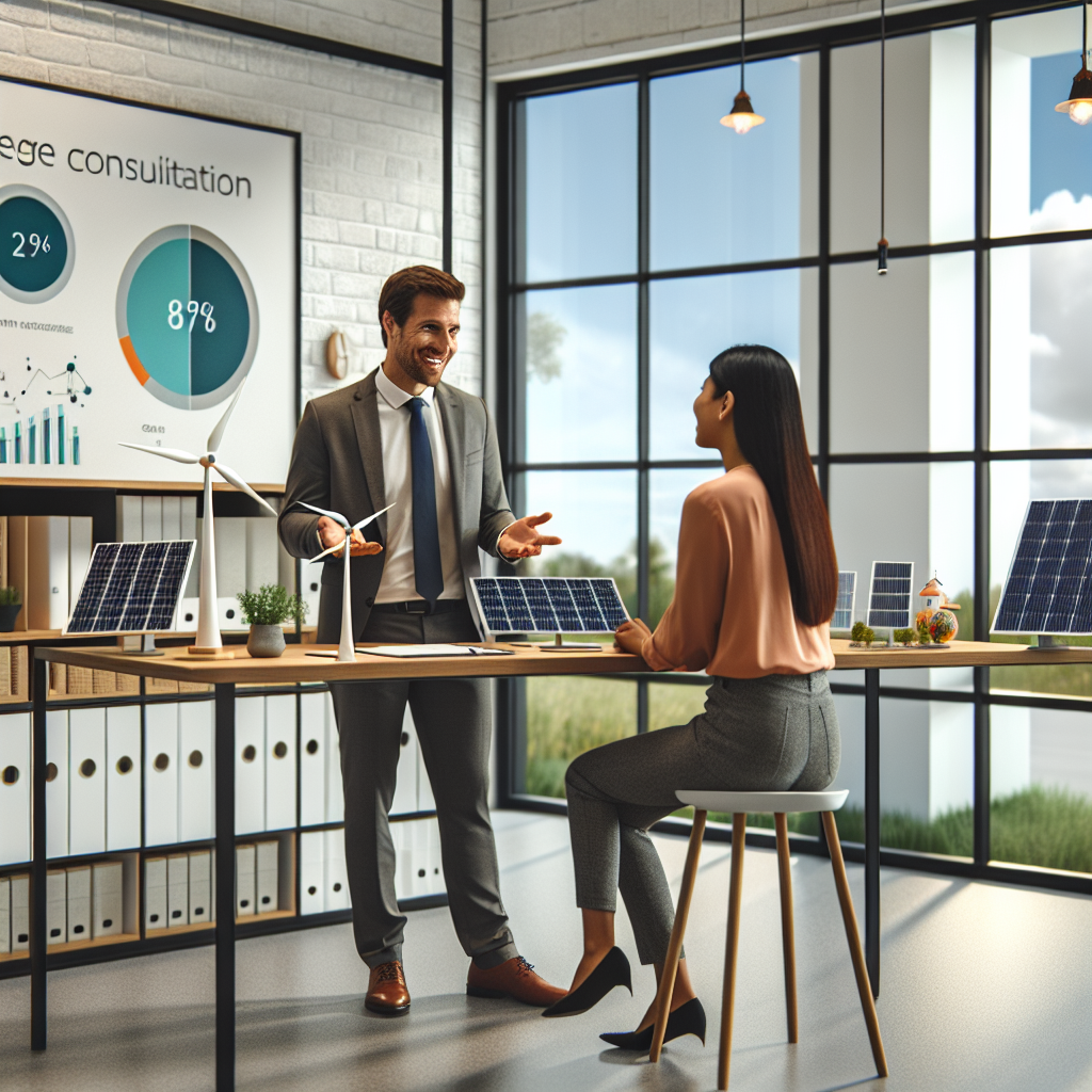 A modern energy consultation office in Bonn with a friendly advisor discussing renewable energy solutions with a homeowner