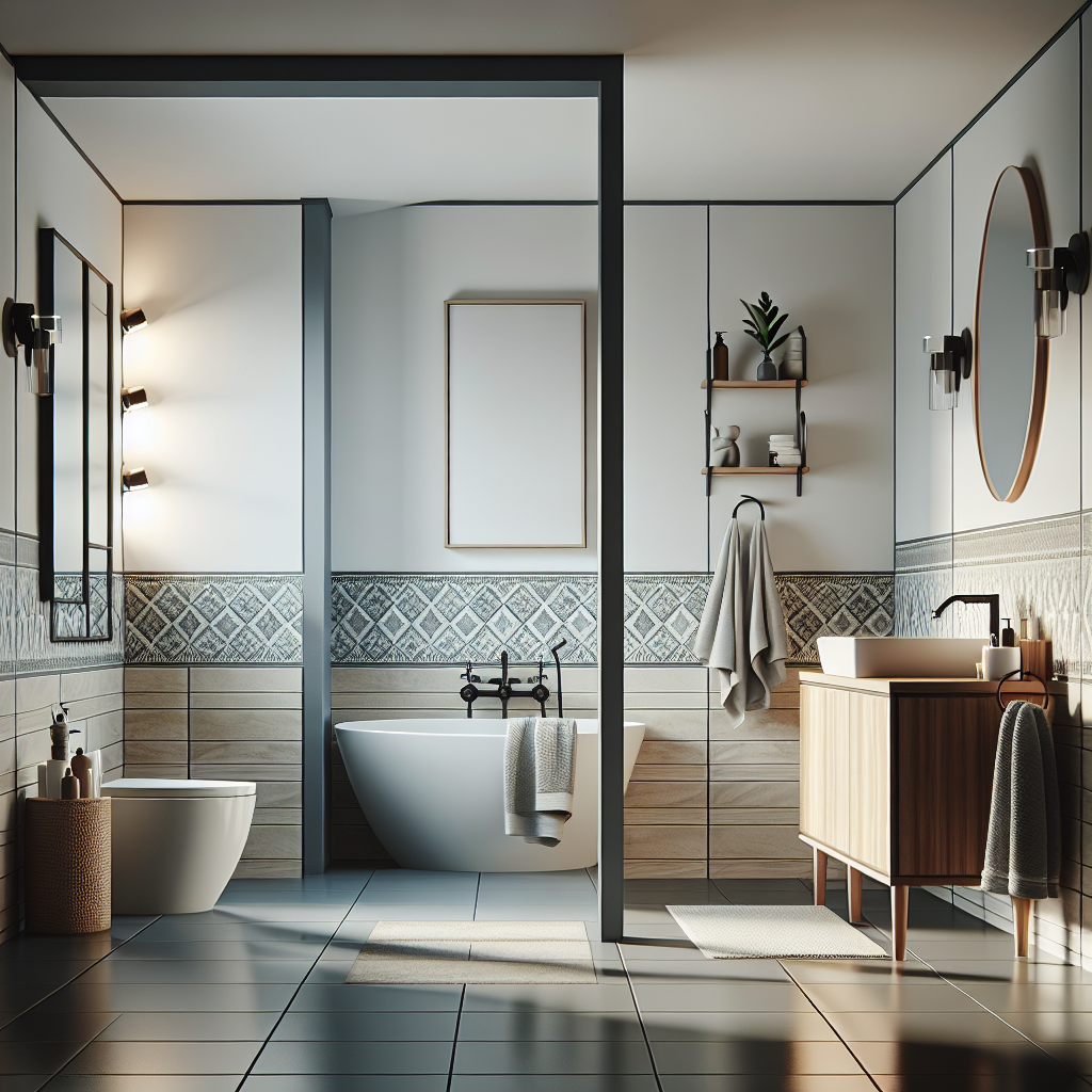 A modern bathroom renovation showcasing a stylish design with elegant tiles and fixtures