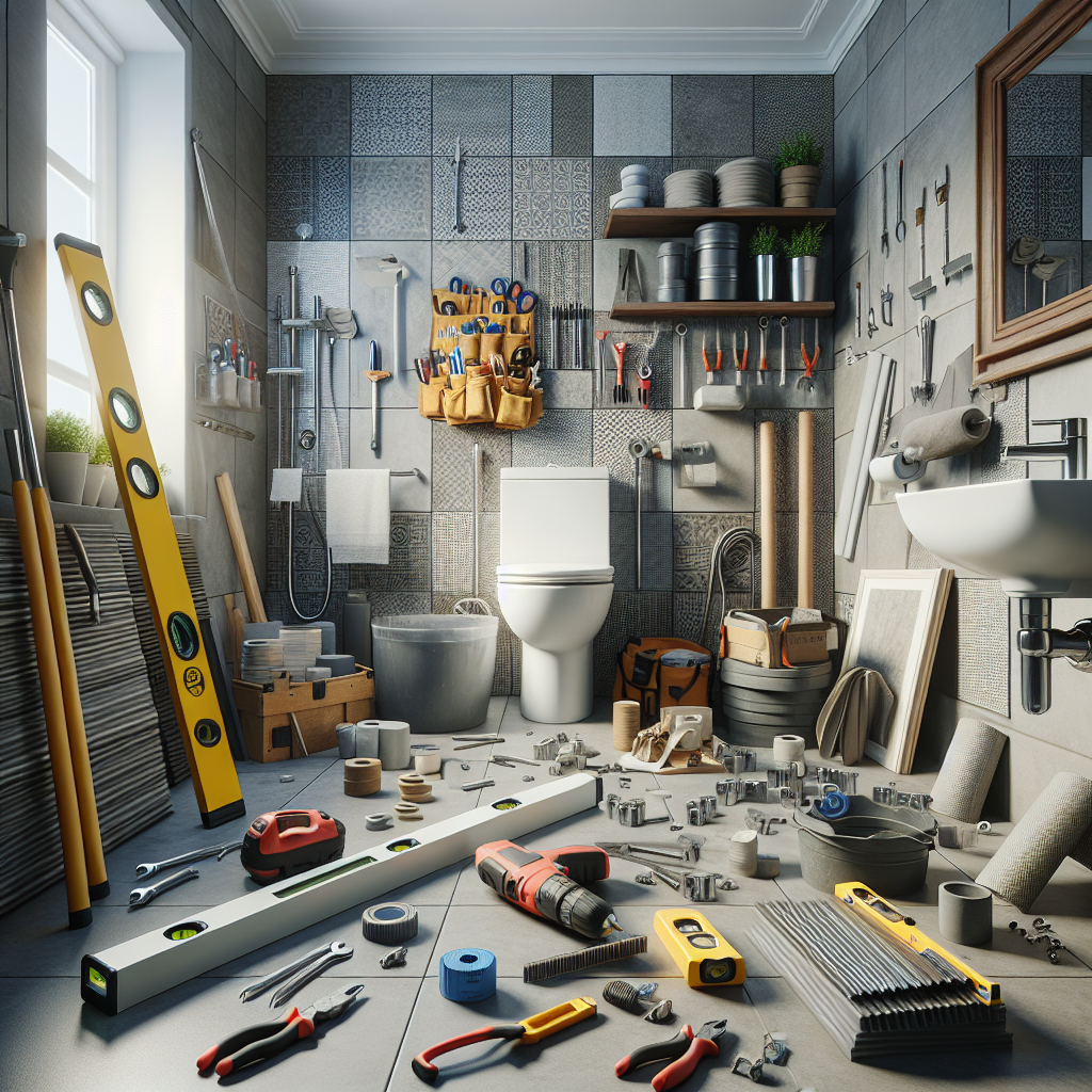 A modern bathroom renovation process with various tools and materials displayed