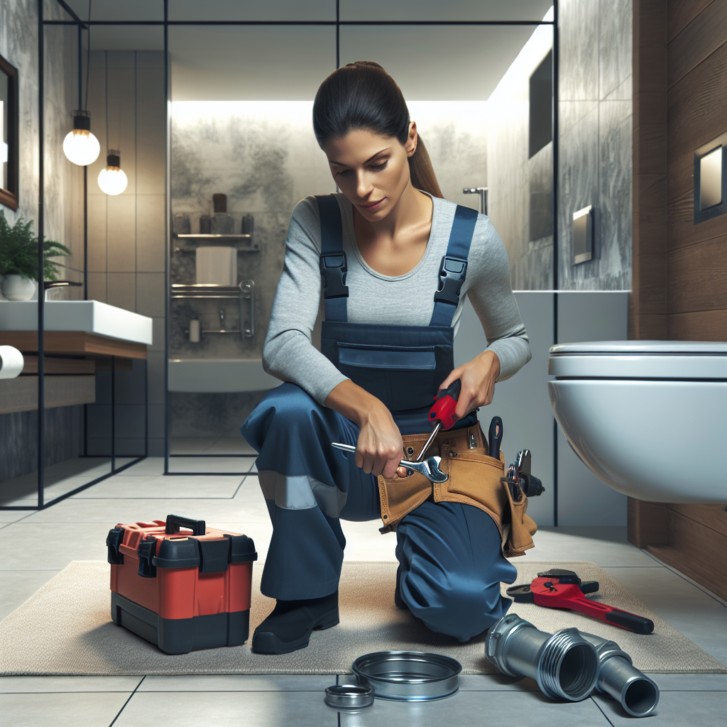 A professional plumber fixing a leak in a modern bathroom