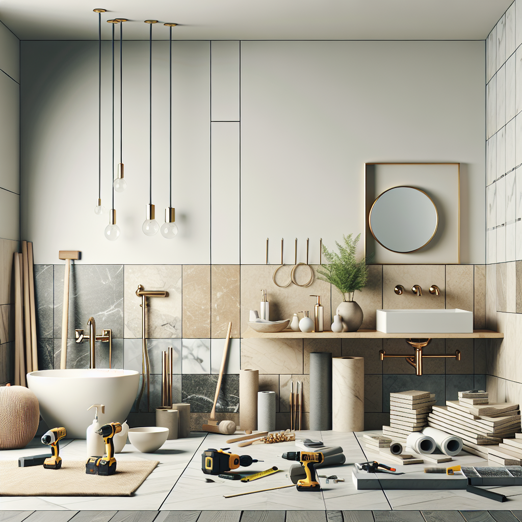 A well-designed modern bathroom renovation project with tools and materials laid out