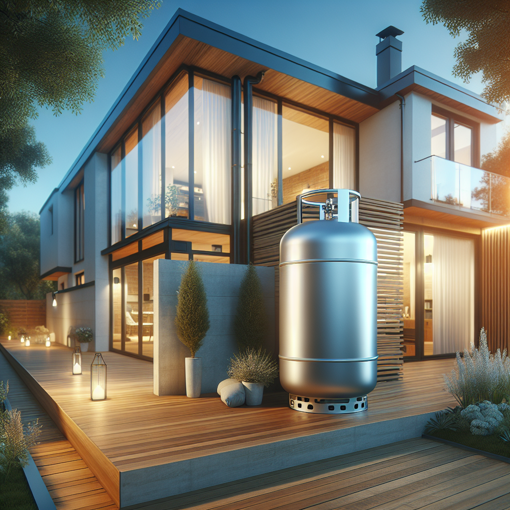 A modern home with a liquid gas heating system installed outside, showcasing a sleek gas tank and a cozy home environment