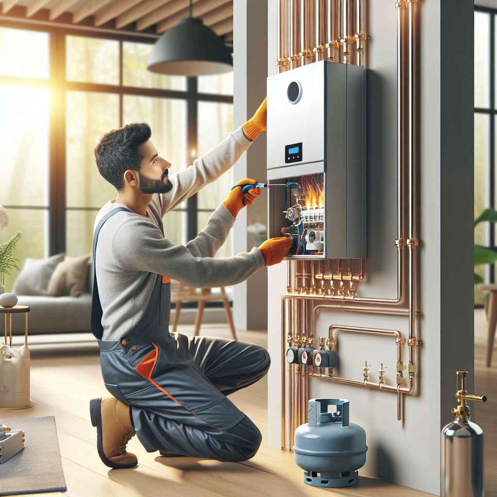 A professional technician installing a liquid gas heating system in a modern home setting