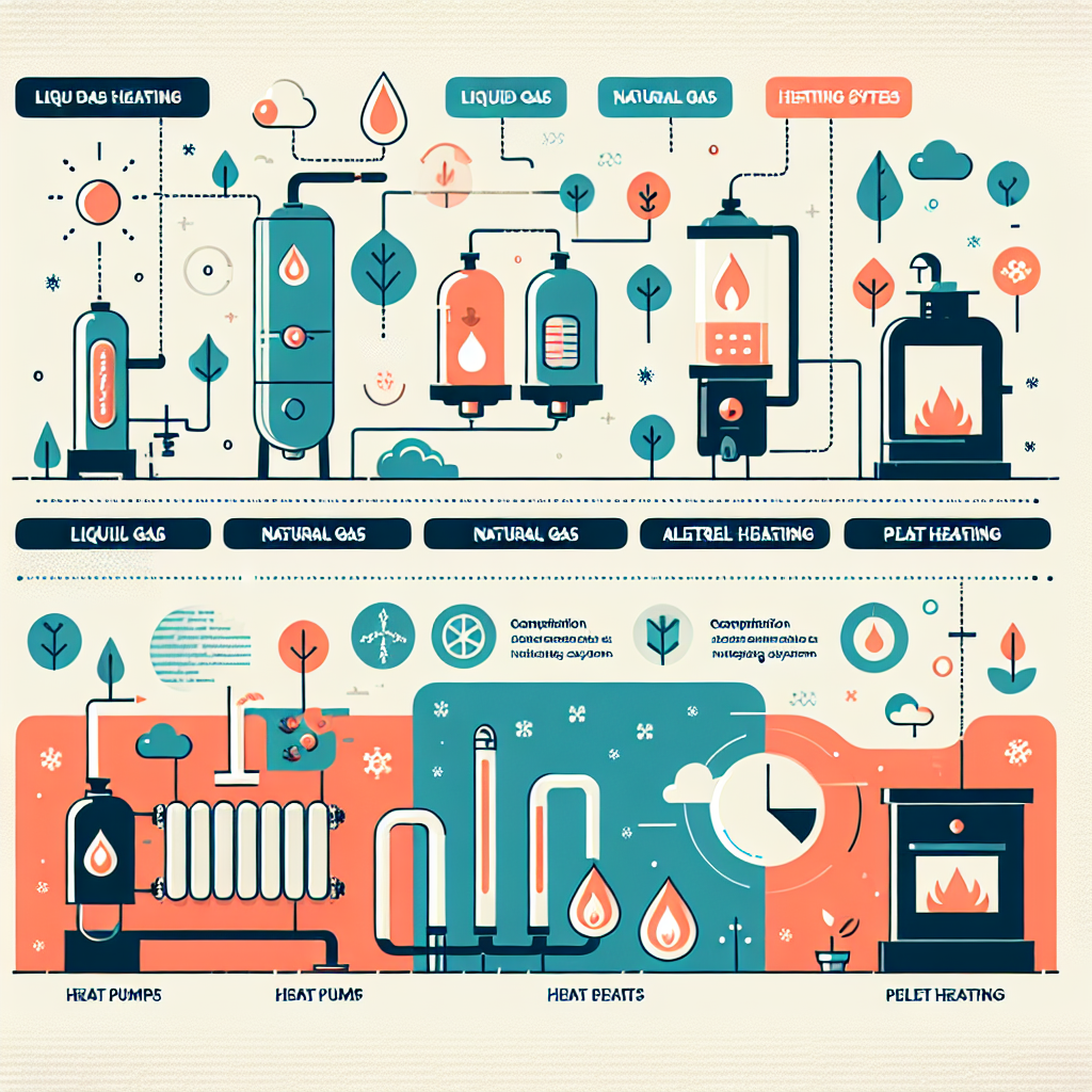 A modern heating system comparison chart showing liquid gas heating, natural gas heating, and alternative eco-friendly systems like heat pumps and pellet heating