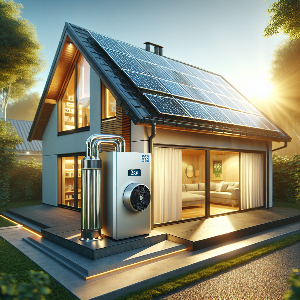 A modern home heating system installation with solar panels and a heat pump visible