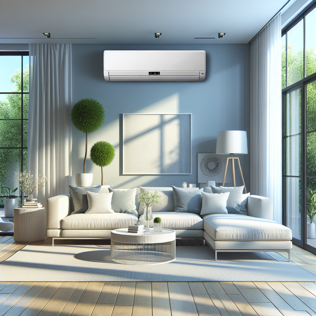 A bright and modern living room with a stylish air conditioning unit installed on the wall, showcasing a cool and comfortable atmosphere during a hot summer day