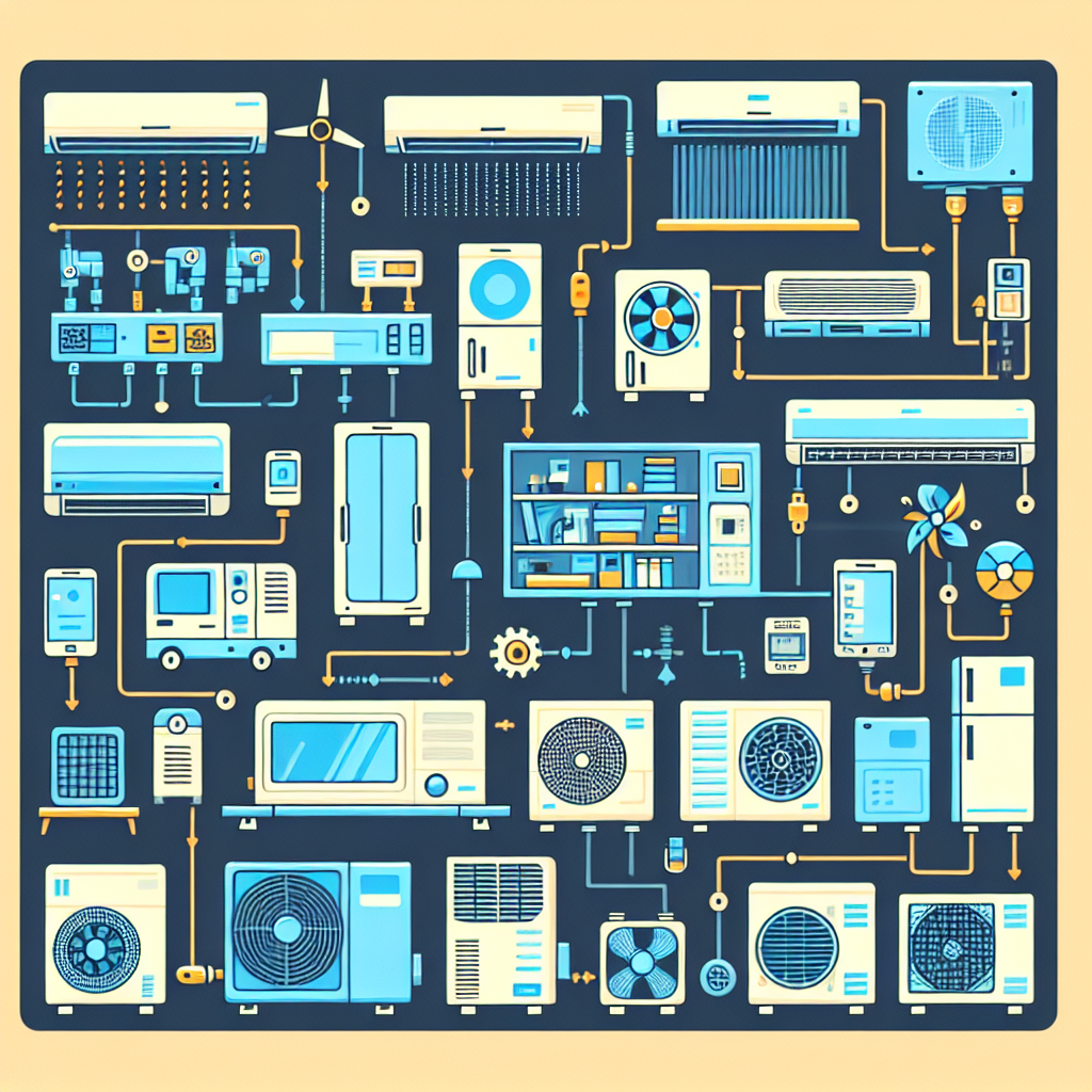 A visual comparison of different types of air conditioning systems including split systems, mobile units, central air conditioning and commercial cooling solutions.