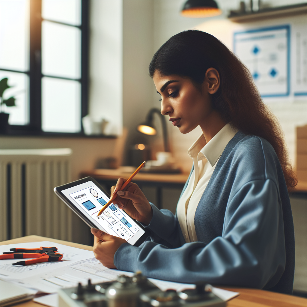 A technician analyzing heating system costs on a tablet