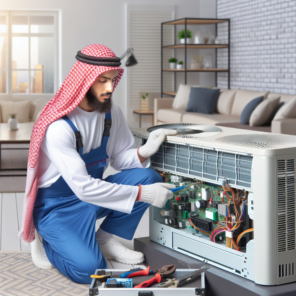 A technician performing maintenance on an air conditioning unit in a modern home setting