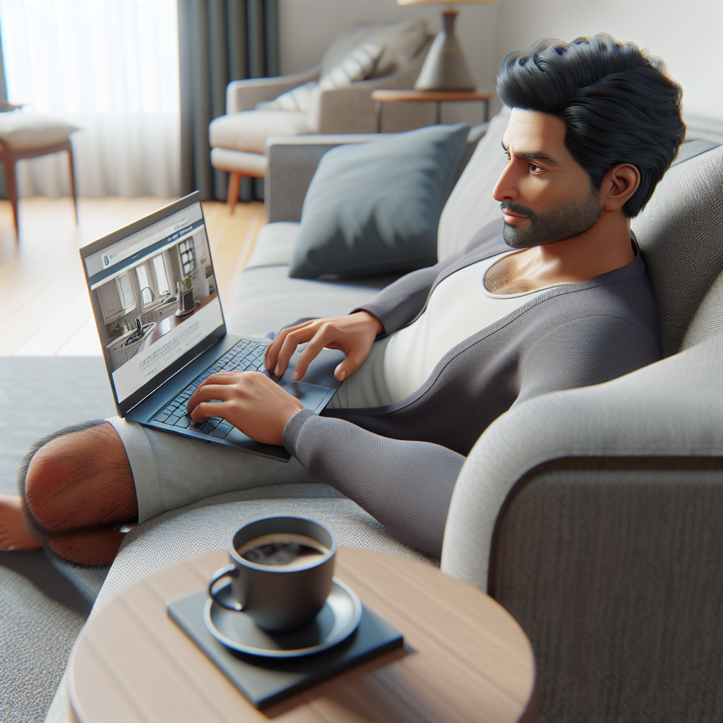 A person searching for local plumbing services on a laptop at home with a coffee mug nearby