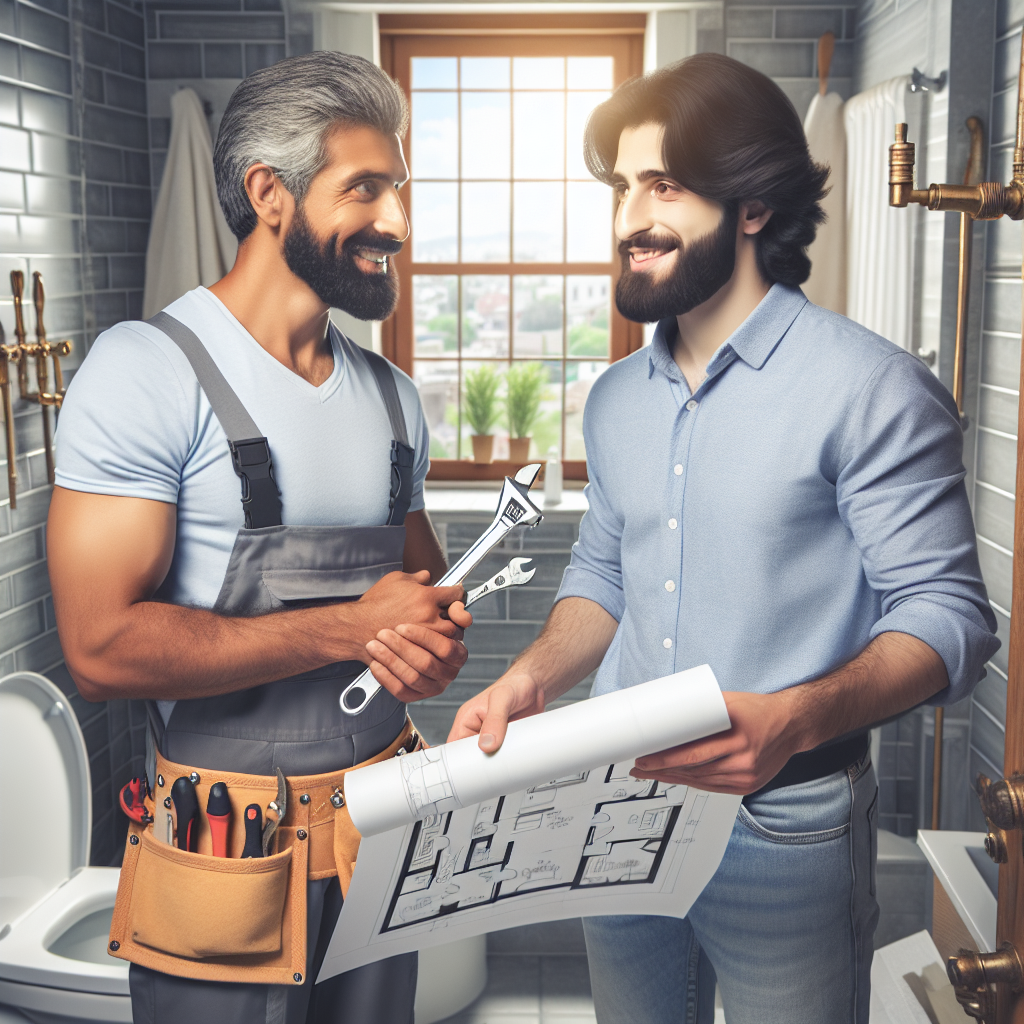 A friendly local plumber helping a homeowner with a bathroom renovation