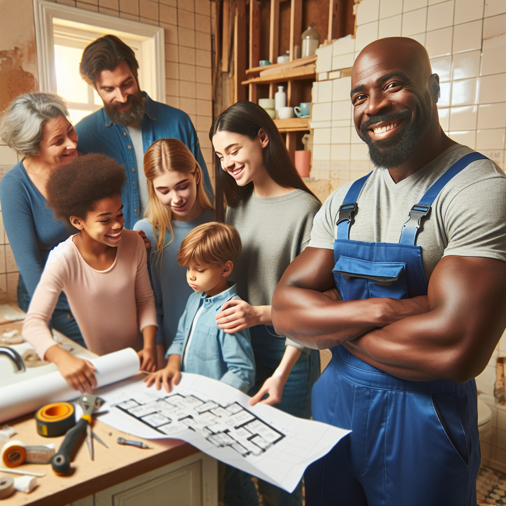 A friendly local plumber helping a family with a bathroom renovation
