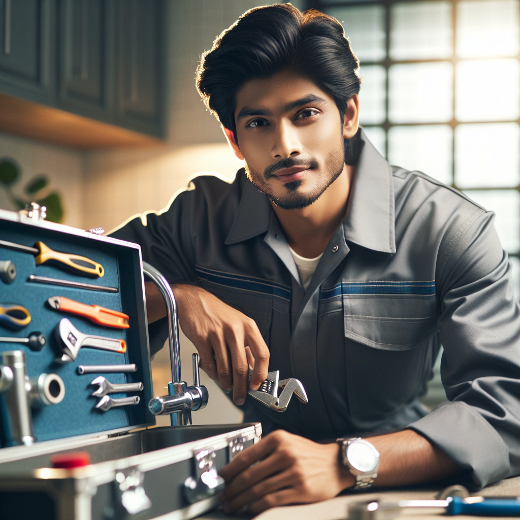 A friendly plumber working on a sink with tools around him, showcasing professionalism and expertise