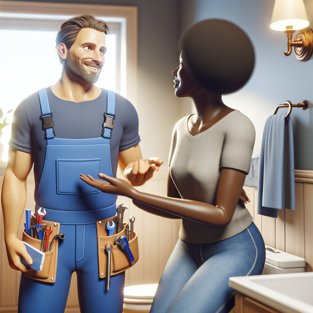 A friendly plumber discussing options with a homeowner in a well-lit bathroom setting