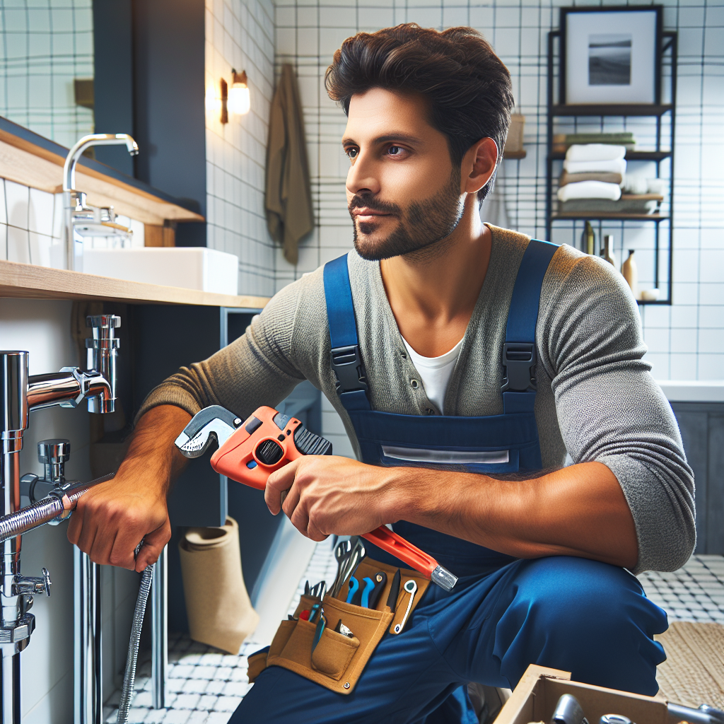 A skilled plumber working on a bathroom renovation with modern tools and fixtures