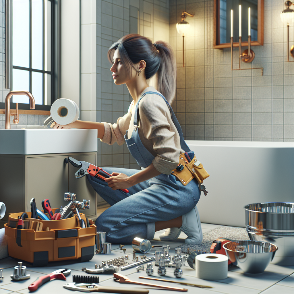 A skilled plumber working on a modern bathroom renovation with tools and materials around