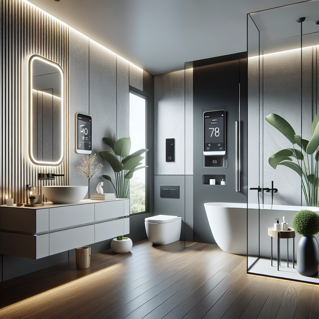 A modern and stylish bathroom renovation showcasing minimalist design with eco-friendly materials and smart home technology