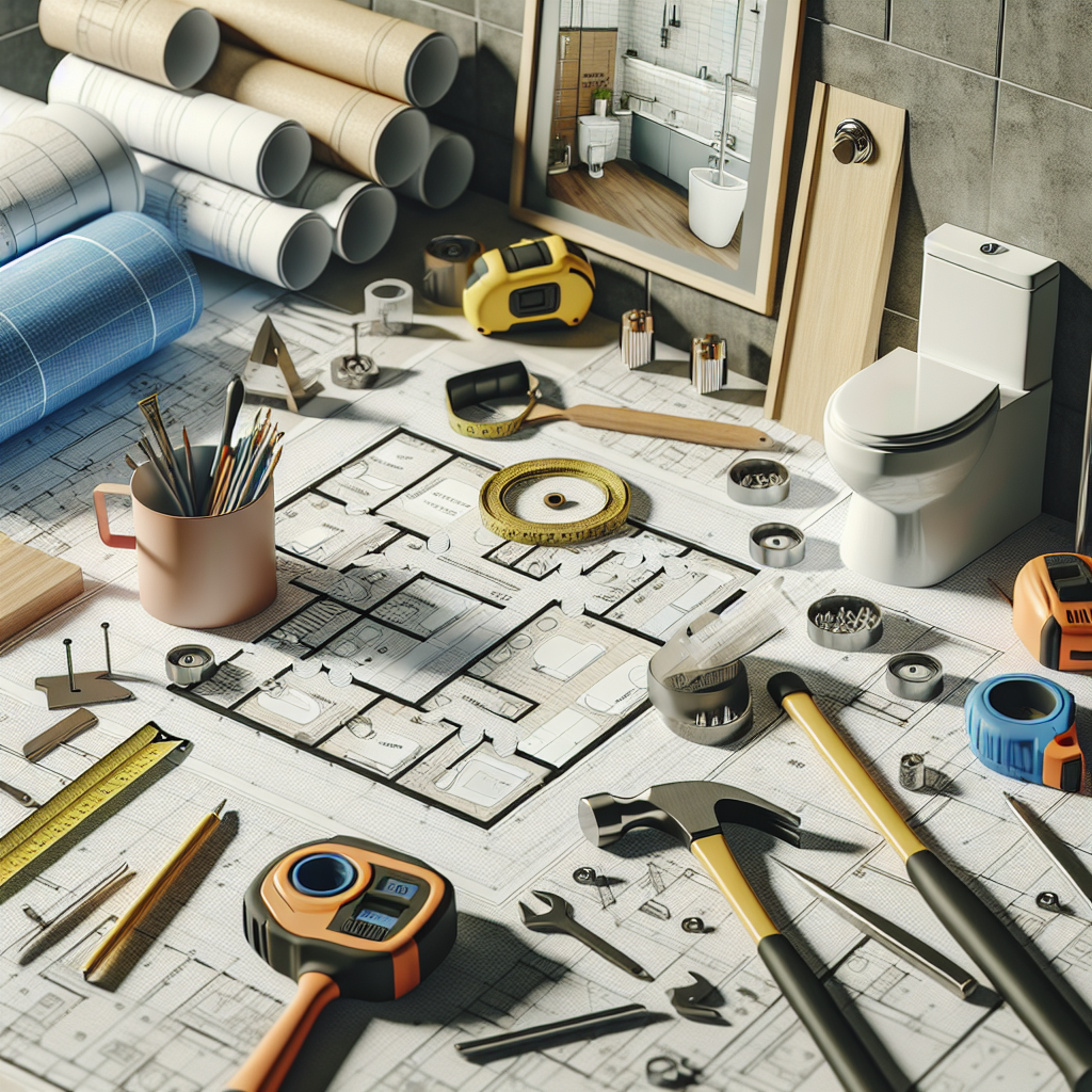 A modern bathroom renovation planning scene with blueprints and tools