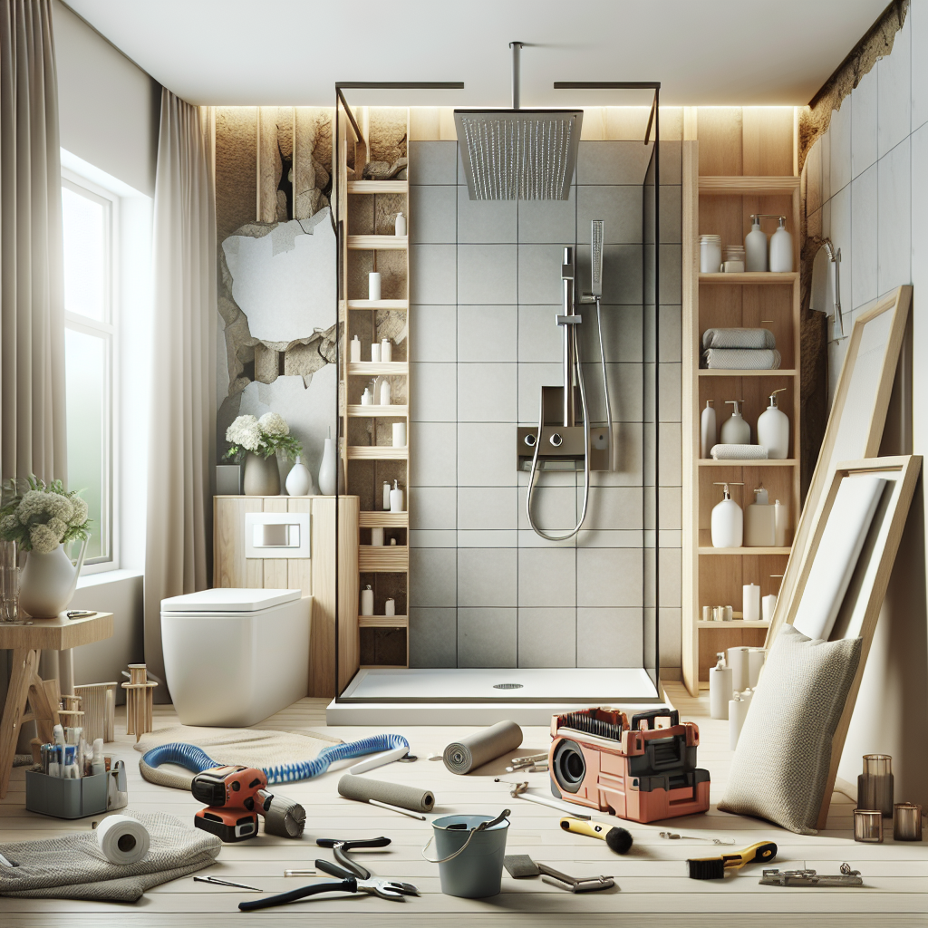 A modern bathroom renovation scene showing a stylish shower installation process with tools and materials scattered around