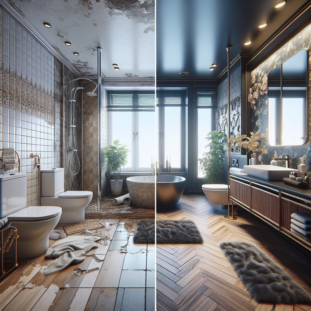 A modern bathroom renovation project showcasing before and after images of a sleek and stylish bathroom design