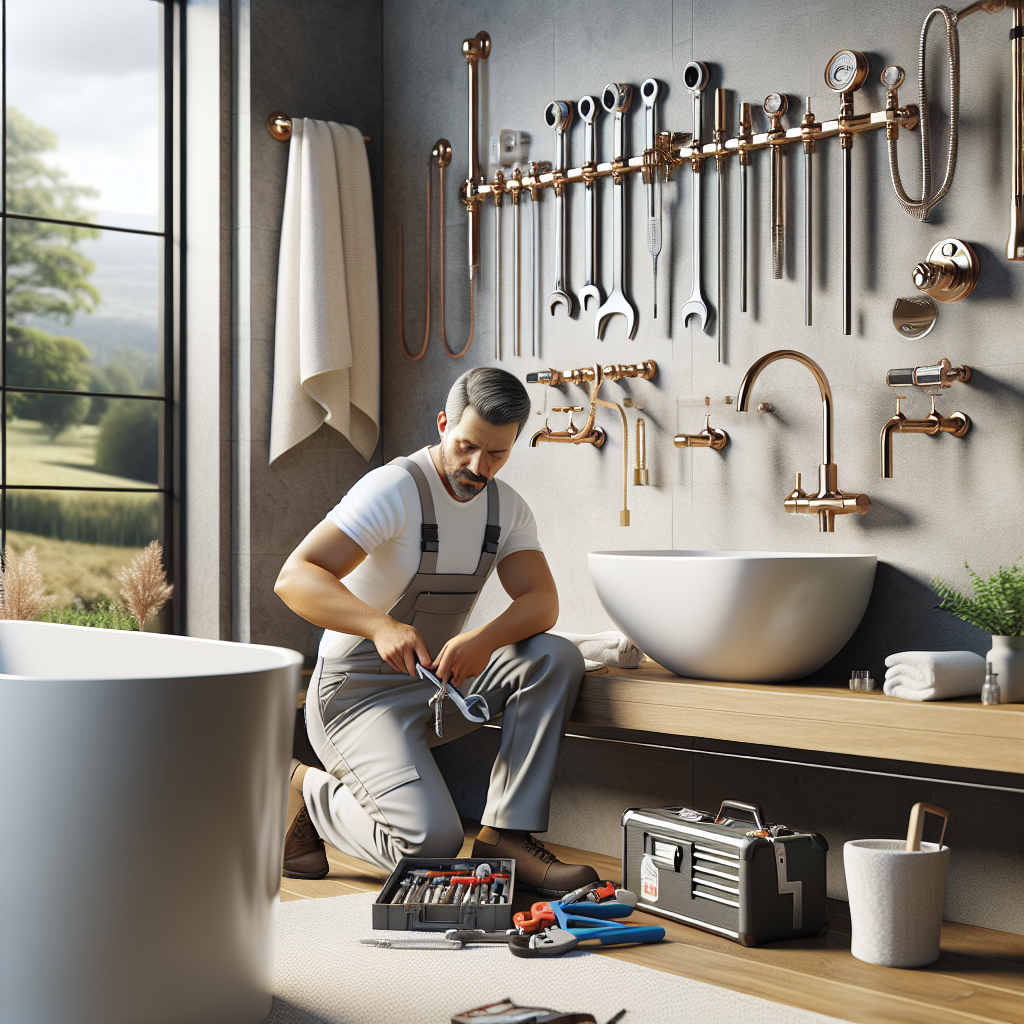 A modern bathroom installation with a professional plumber at work, showcasing various plumbing tools and fixtures