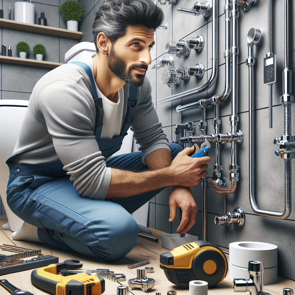 A skilled plumber working on a modern bathroom installation, showcasing various plumbing tools and fixtures