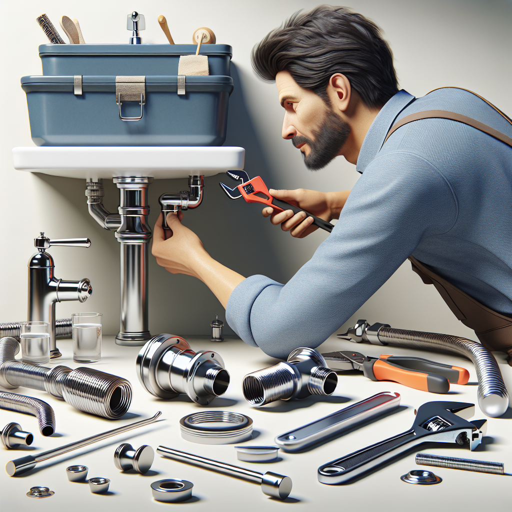 A skilled plumber working on a modern bathroom installation with various tools and fixtures