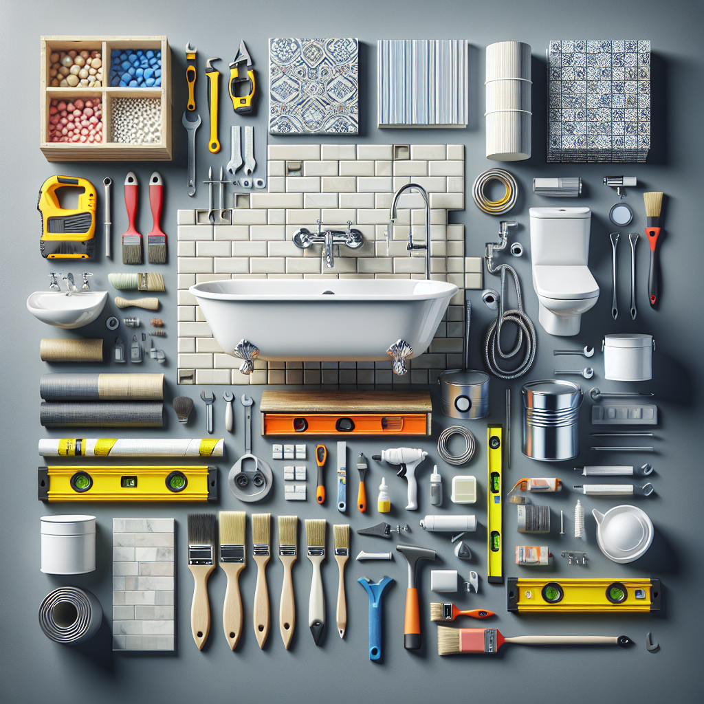 A modern bathroom renovation budget plan with tools and materials laid out