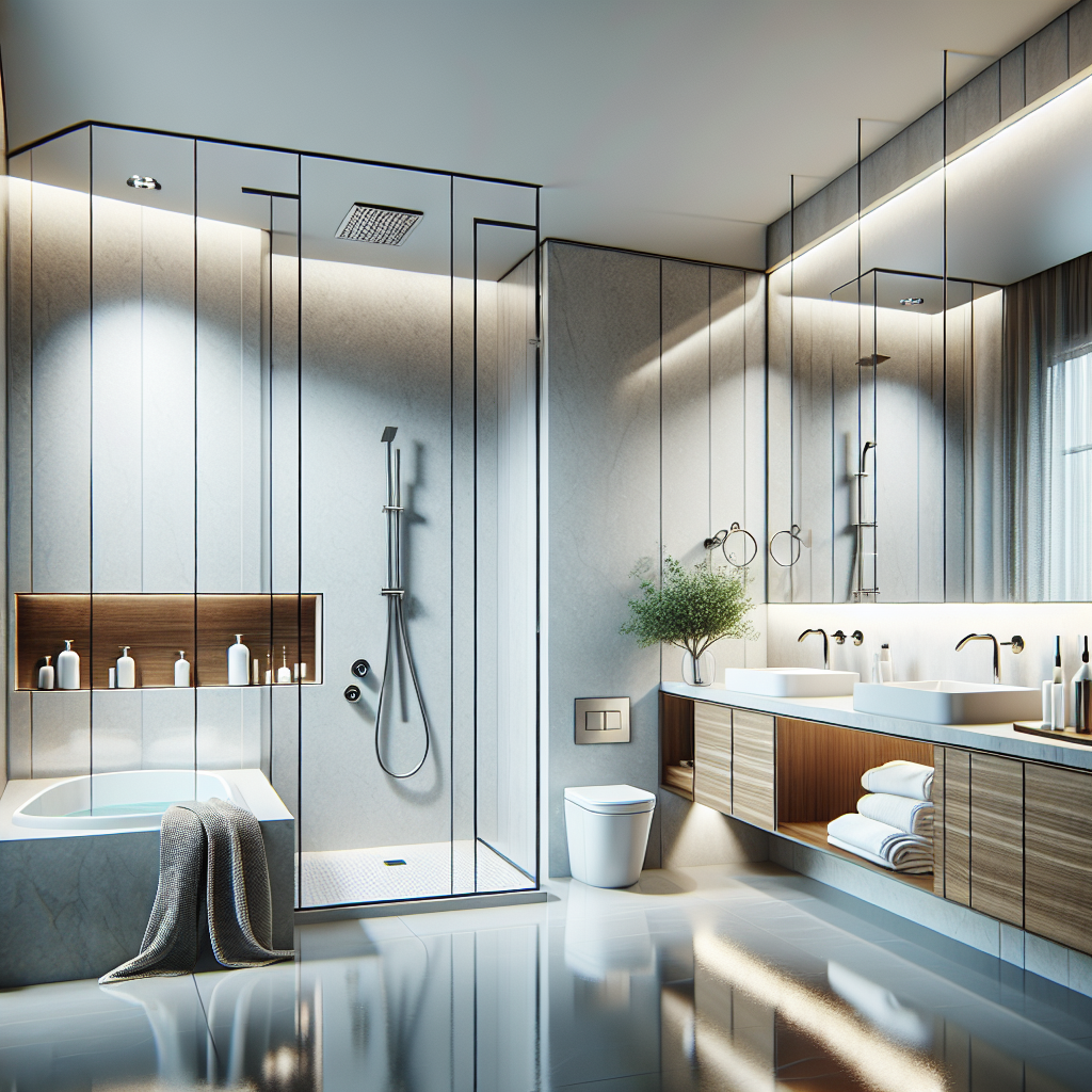 A beautifully modern bathroom design featuring a sleek shower and elegant fixtures