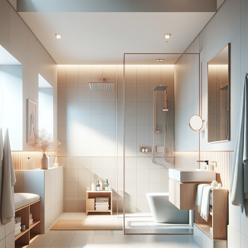 A modern small bathroom with space-saving furniture and a walk-in shower
